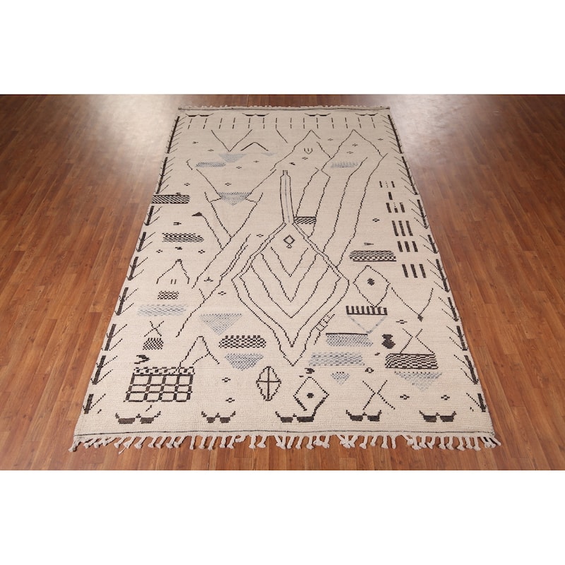 Ivory Moroccan Area Rug Handmade Abstract Wool Carpet - 6'11"x 10'4"