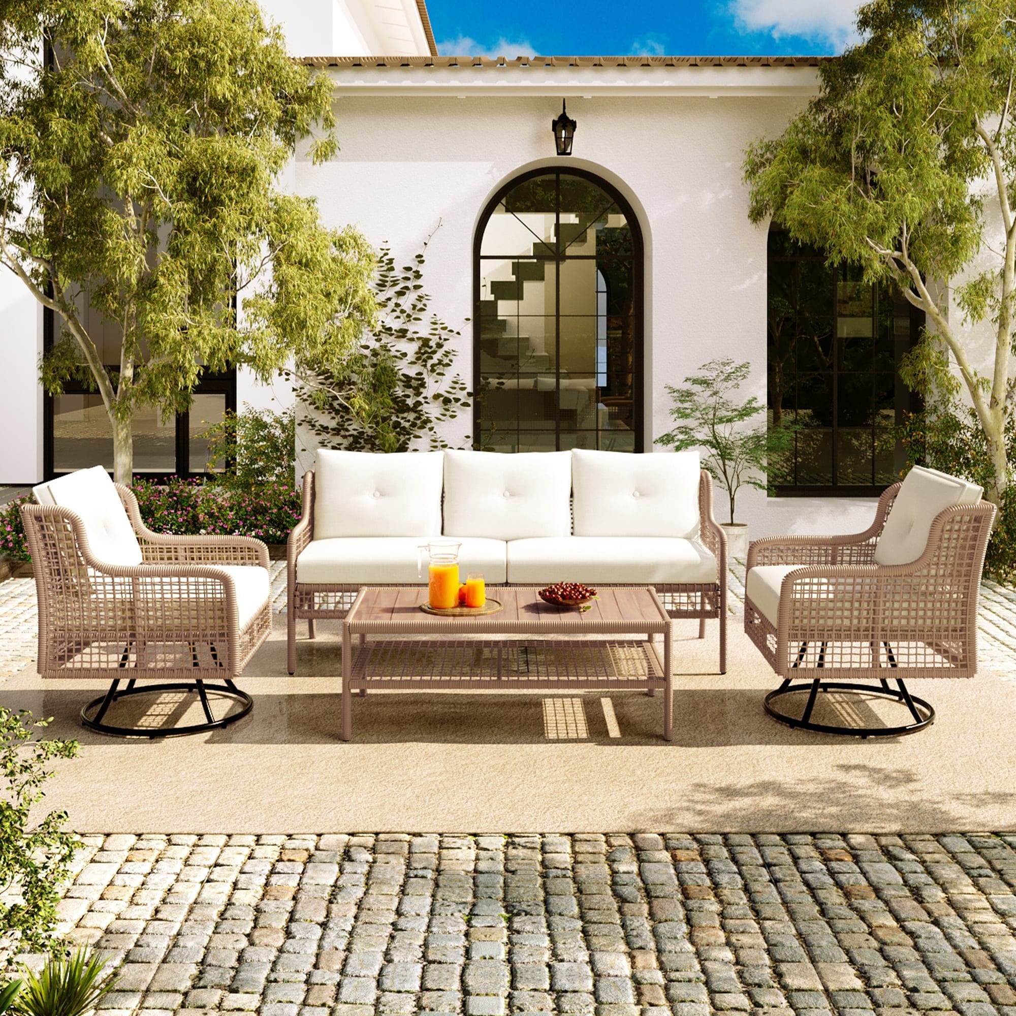 4 Pieces Patio Furniture Set with Swivel Chairs, Outdoor Wicker Sofas for 5-person, Sectional Rattan Outdoor Conversation Set