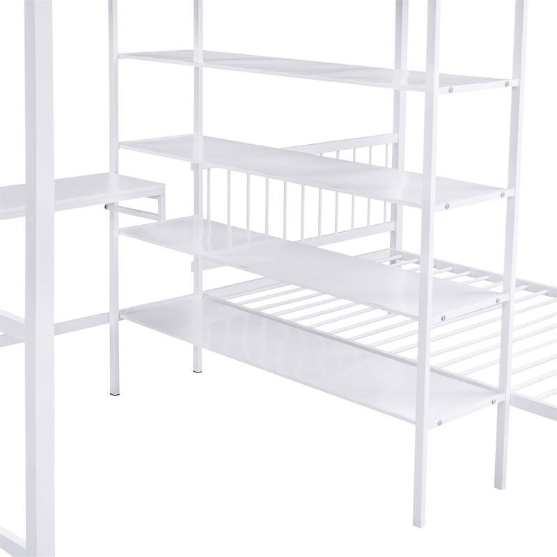 Full Over Twin Metal Bunk Bed with Built-in Desk and Ladder in White