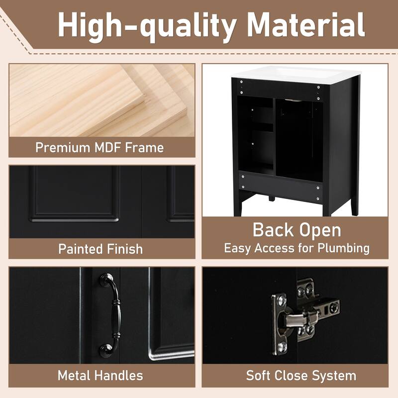 24" Retro Style Bathroom Vanity with Sink - 3 Soft-Close Drawers + Cabinet - Solid Wood Construction