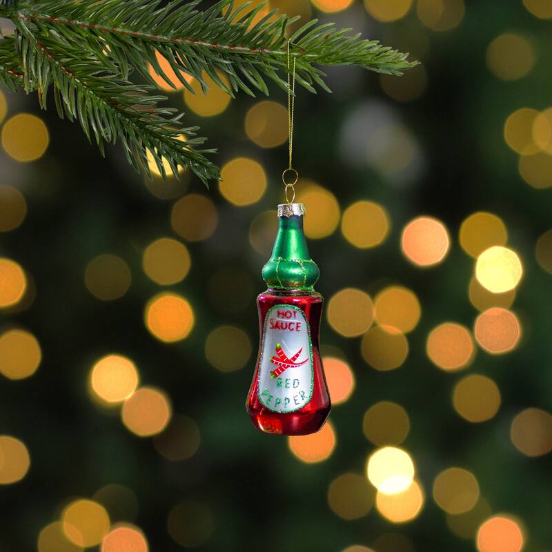 4" Red and Green Bottle of Hot Sauce Glass Christmas Ornament