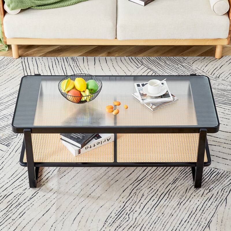 Coffee Table Solid Wood End Table Imitation Rattan Center Table