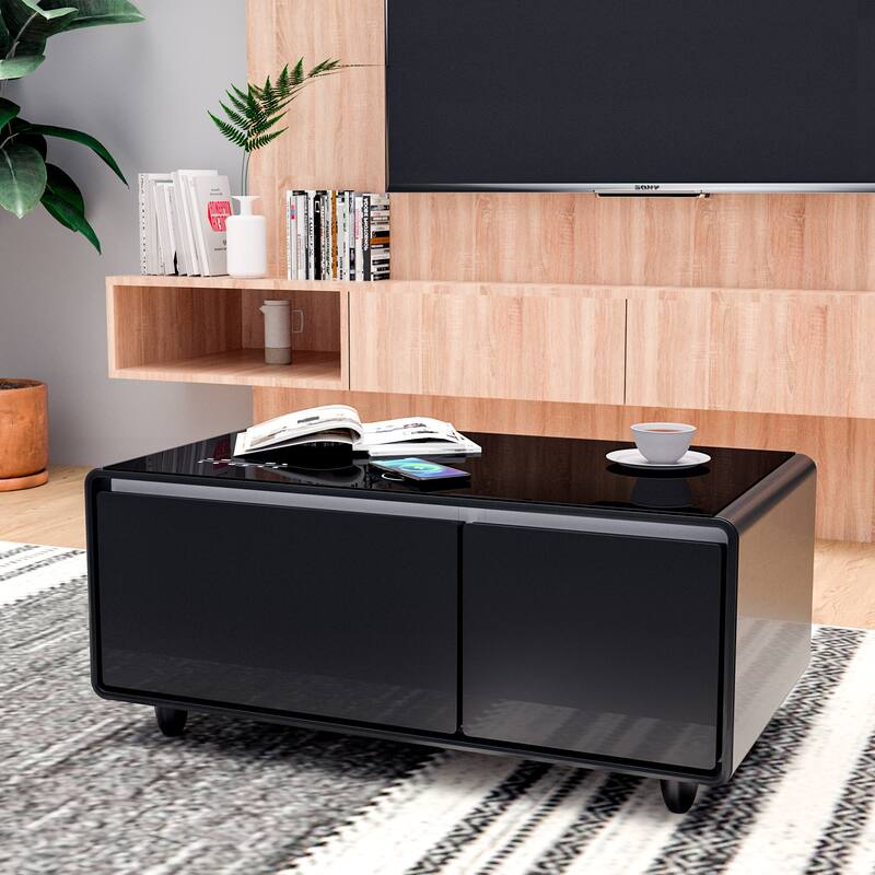 Modern Smart Coffee Table with Built-in Fridge Bluetooth Speaker Touch Control Panel Atmosphere light, for Living Room