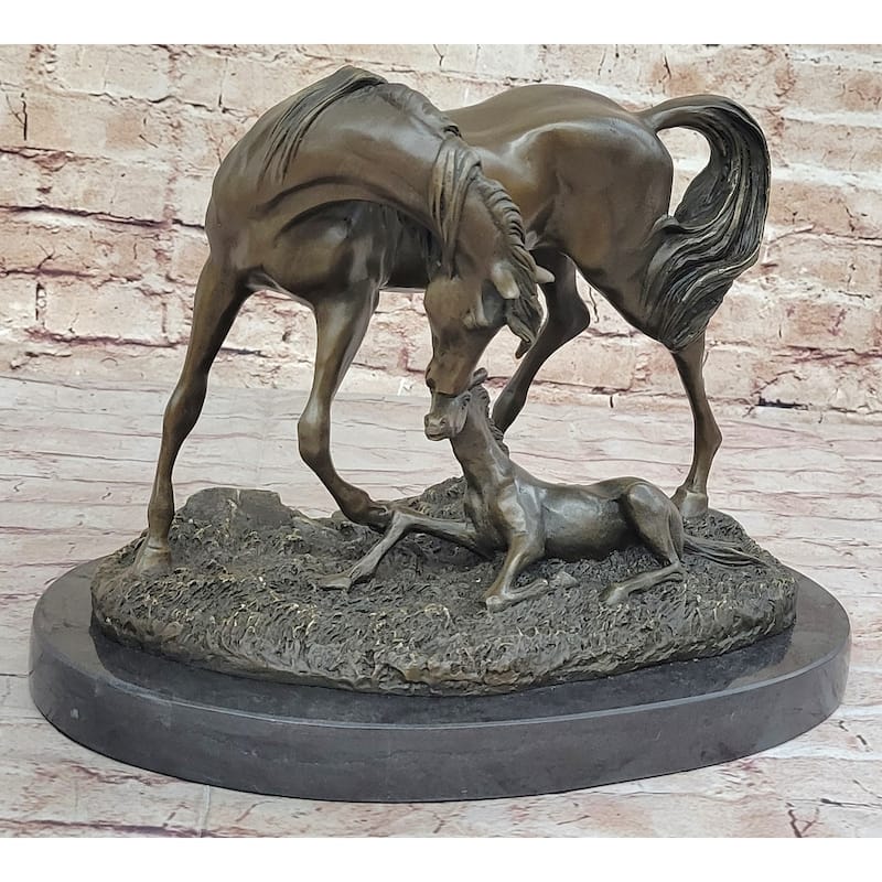 Horses Mare W/Foal Horse Bronze Sculpture Wild Farm Animal Marble Base