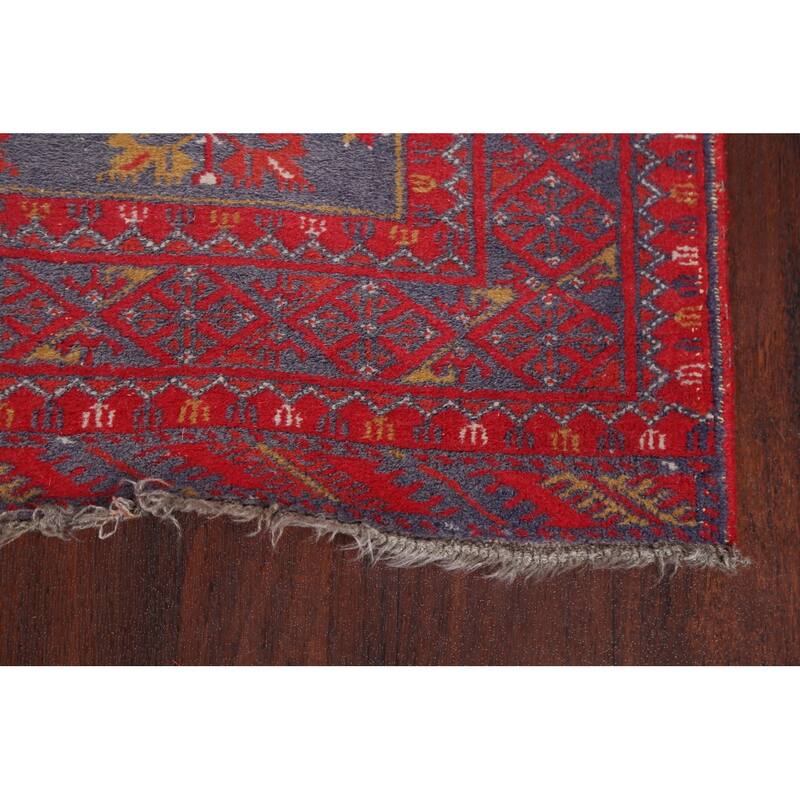Hand Knotted Oriental 100% Wool Carpet Traditional Floral Navy Blue & Blues Balouch Runner Rug - 9' 5'' X 2' 8''