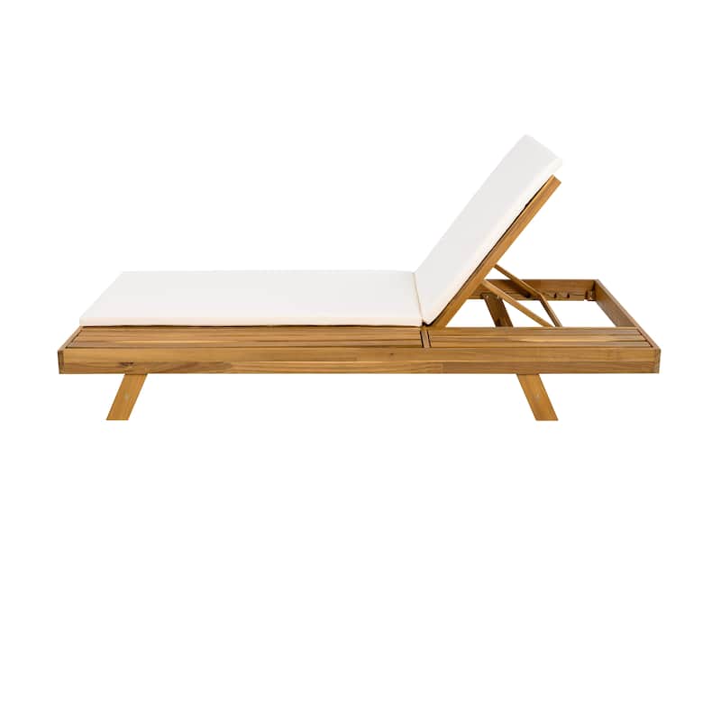 One-sided Open Storage Lounge Chairs Outdoor Patio Acacia Wood Chaise Lounge with Adjustable Backrest & Water-repellent Cushions