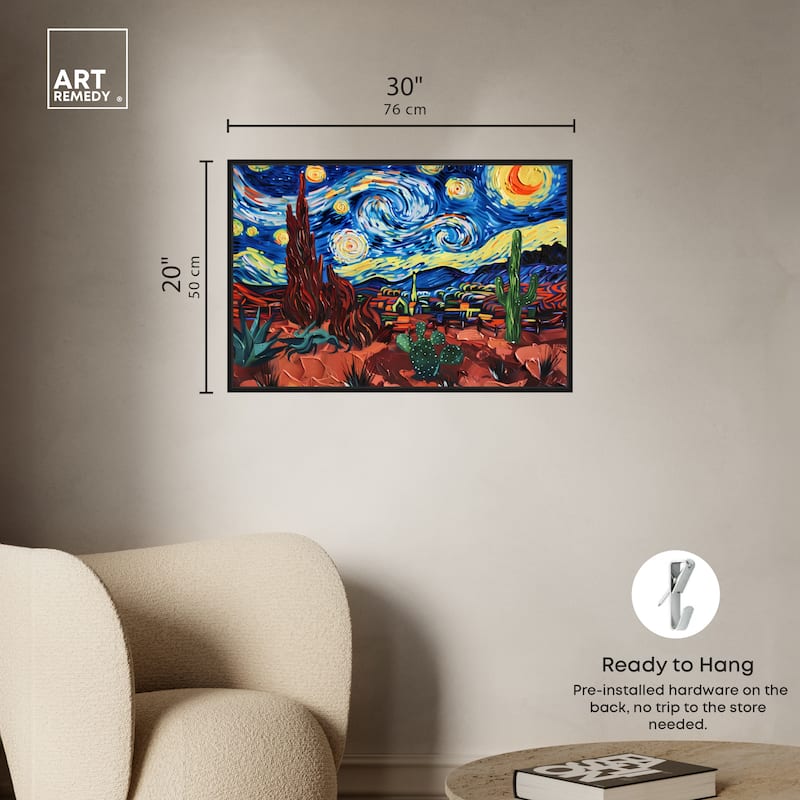 Art Remedy Desert Night Stars Framed Impressionism 1 Piece Canvas Wall Art /Monet And Van Gogh Inspired Art