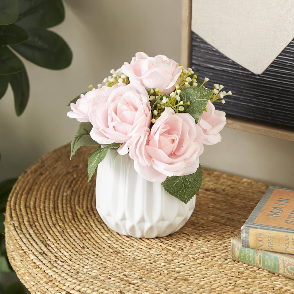 Pink Fabric Artificial Flower with Green Leaves and Round Ceramic Vase