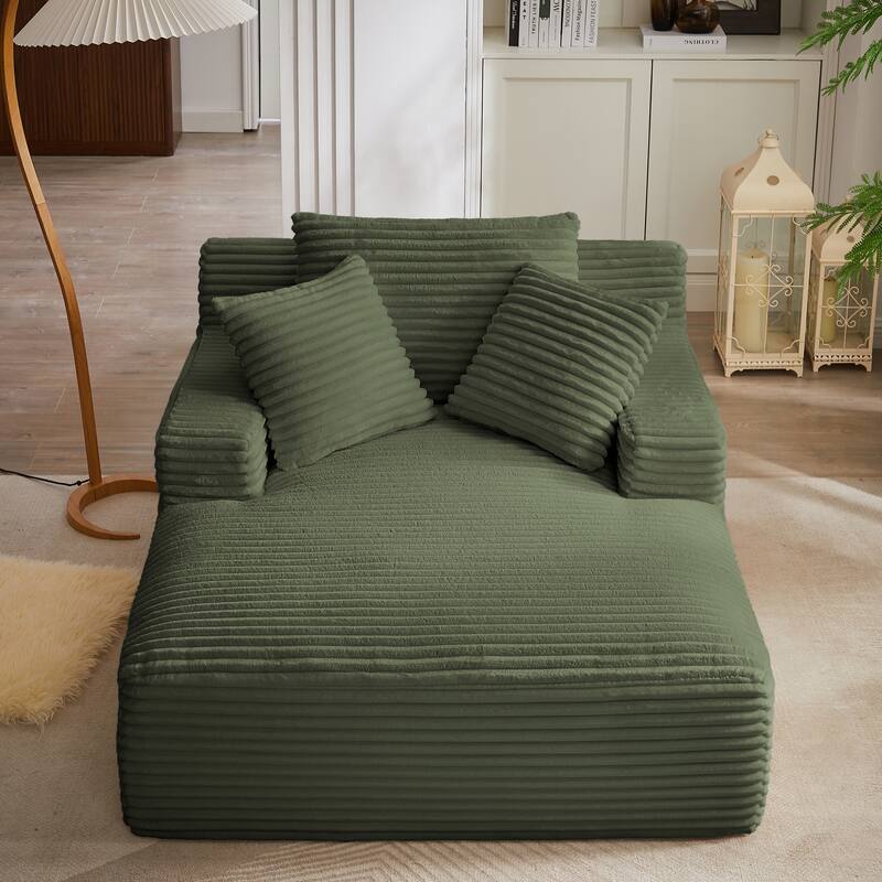 Lazy Sofa Chair Single Chaise Lounge Corduroy Upholstered Sleeper Sofa Ergonomic Couch Chair with Full Foam Cushion and Pillows