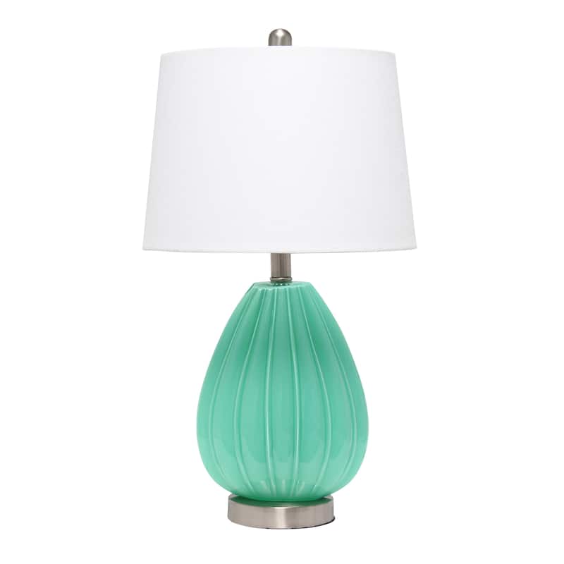 HomeRoots 23" Sea Green And Silver Geometric Lines Table Lamp With White Drum Shade - 13.00 in. x 23.25 in. x 13.00 in.