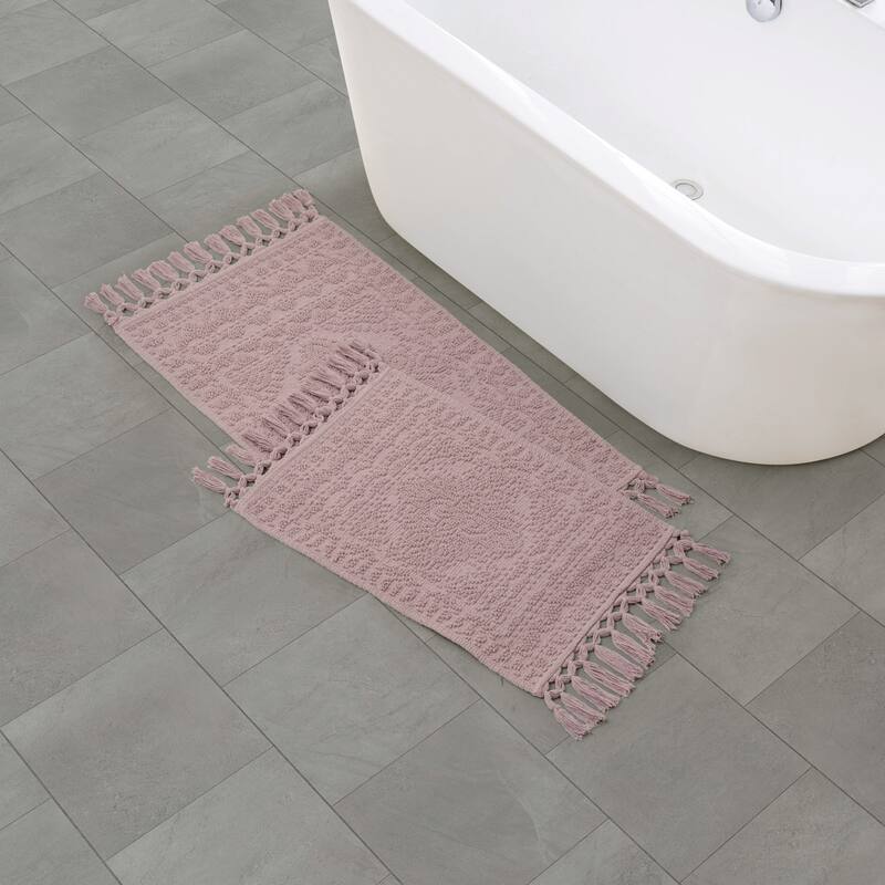 French Connection Nellore Fringe Cotton Bath Rug - 17x28/20x38 - Dusty Mauve