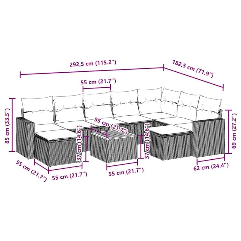 vidaXL Garden Sofa Set Black and Cream - 21.7 x 21.7 x 14.6