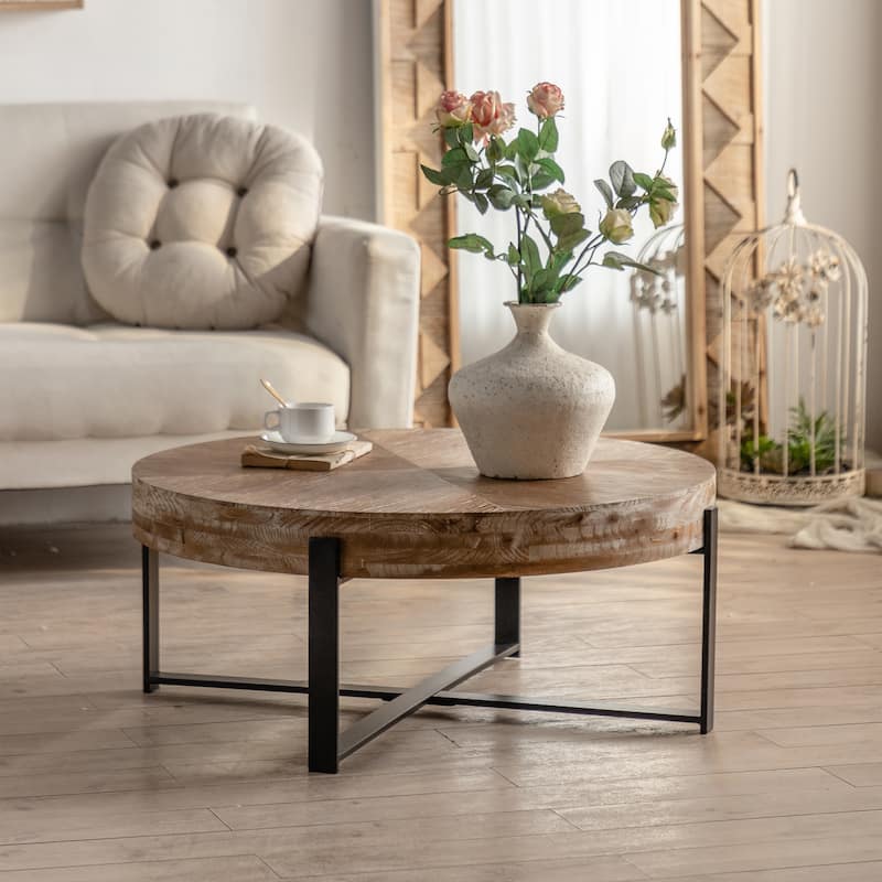 31.29"Modern Retro Splicing Round Coffee Table , Fir Wood Table Top with Cross Legs Metal Base