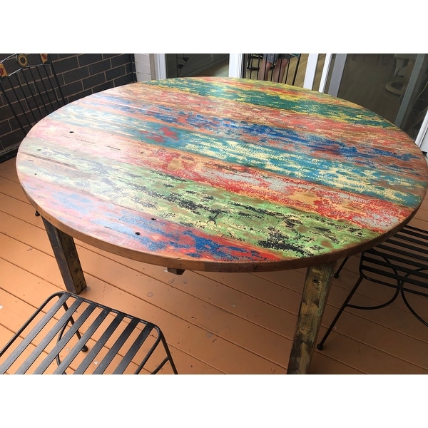 Chic Teak Round Dining Table made from Recycled Teak Wood Boats, 55 inch - Multi. Opens flyout.