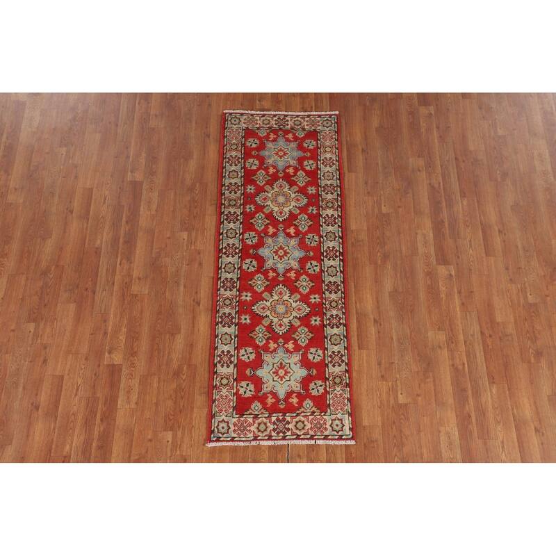 Geometric Red Kazak Runner Rug Handmade Wool Carpet - 2'2" x 5'11"