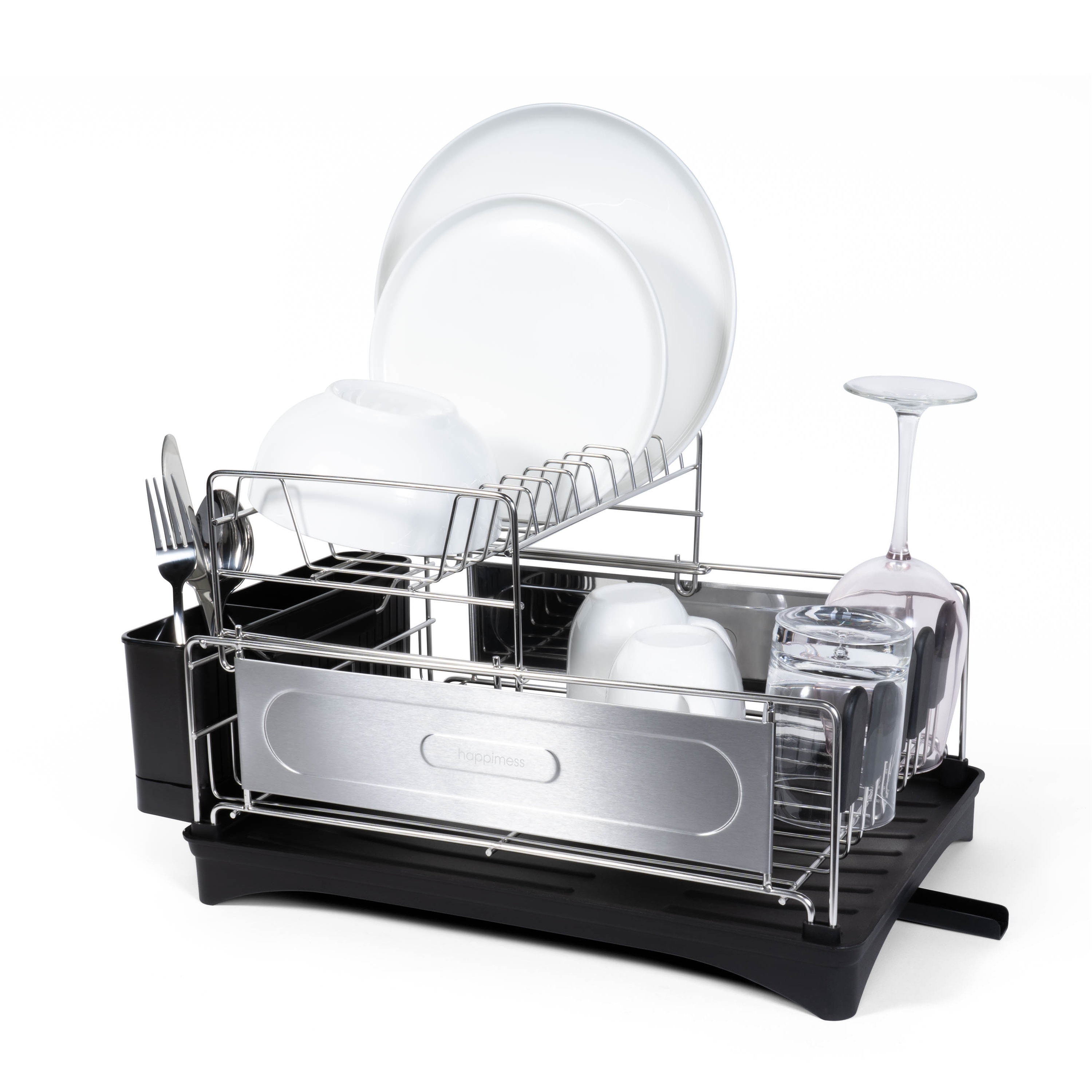 happimess Compact 18.25" 2-Tier Fingerprint-Proof Stainless Steel Dish Drying Rack with Swivel Spout Tray, Stainless Steel/Black