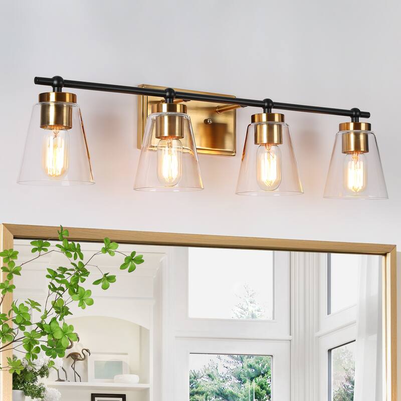 Modern 3/4-Light Black Gold Bathroom Vanity Lights Cone Glass Wall Sconce - W 29" x H 8" x D 6.5"