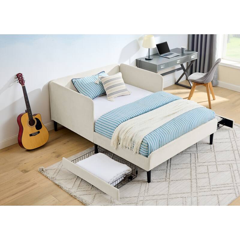 Anmytek Black Velvet Storage Bed Frame with Drawers Modern Upholstered Platform Bed for Small Spaces