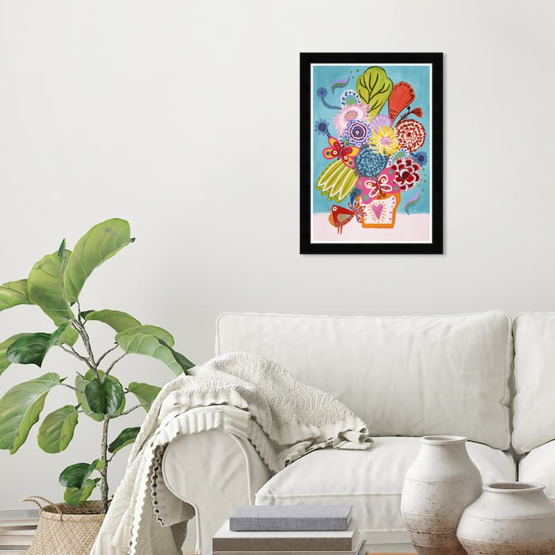 "Colorful Floral Butterflies", Boho Birds and Flowers Modern Blue Framed Wall Art Print for Bedroom