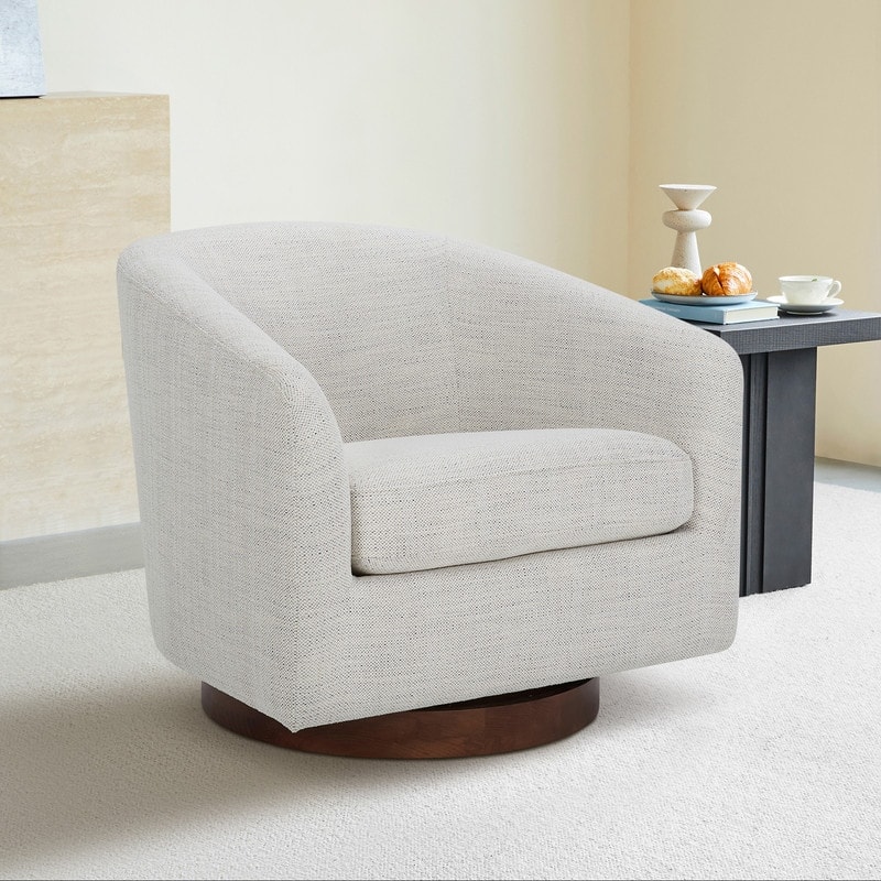 Spruce & Spring 360° Swivel Accent Chair with Solid Wood Base and Padded Seat - Single - Ivory White-Fabric