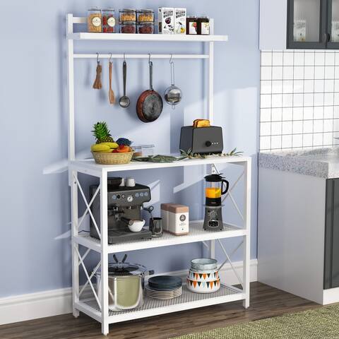 4-Tier Kitchen Baker's Rack with 5 Hooks, Microwave Oven Stand Rack Organizer, White / Brown