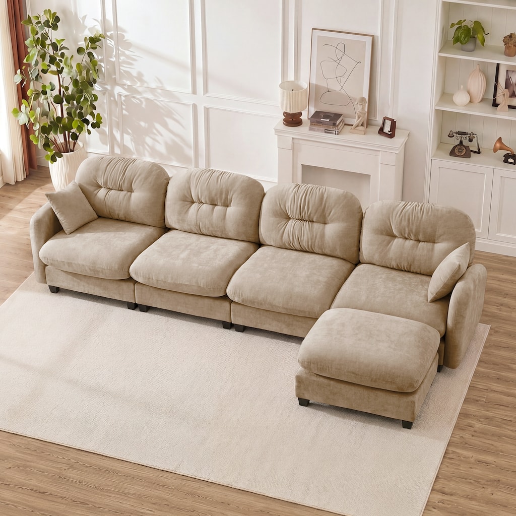Roomfitters Modular Sectional Sofa with Ottoman, 4-Seat Chenille Upholstered L-Shaped Couch with Throw Pillows