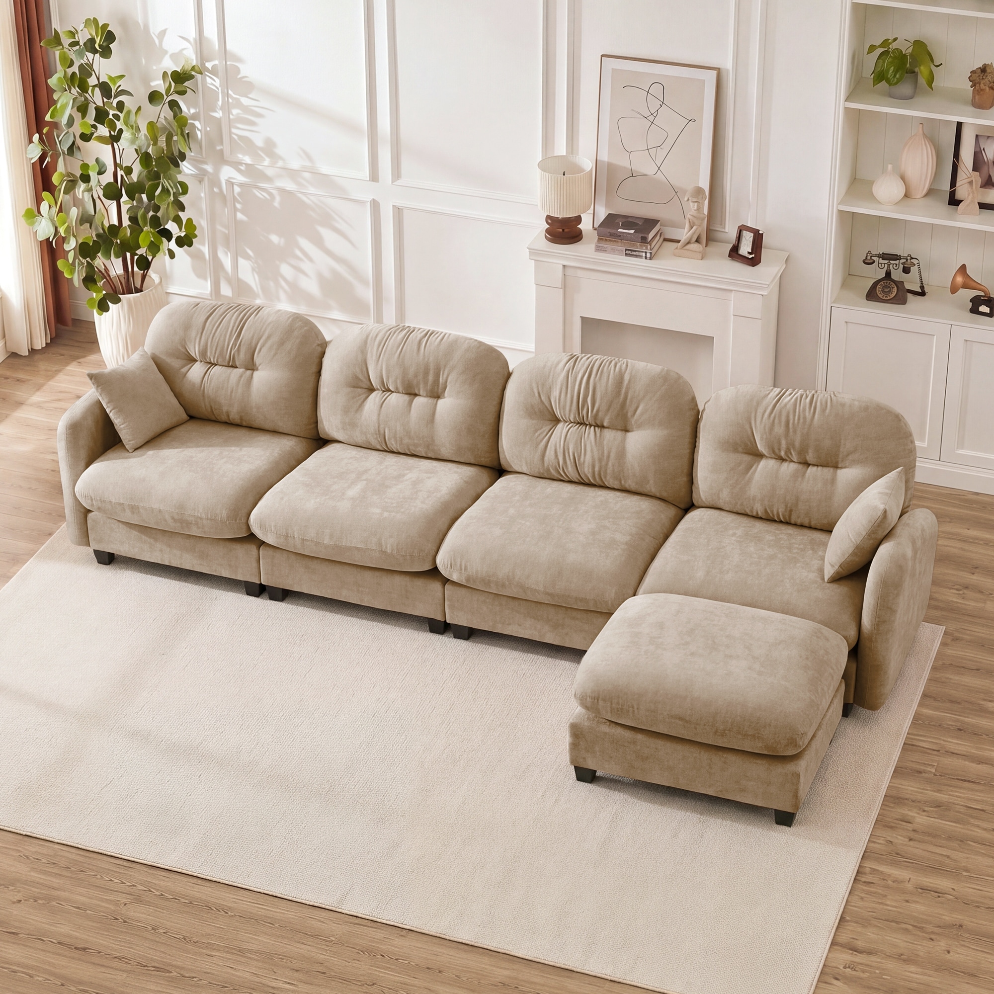 Roomfitters Modular Sectional Sofa with Ottoman, 4-Seat Chenille Upholstered L-Shaped Couch with Throw Pillows
