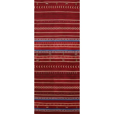 Tribal Red Gabbeh Indian Runner Rug Handmade Wool Carpet - 2'7" x 7'8"