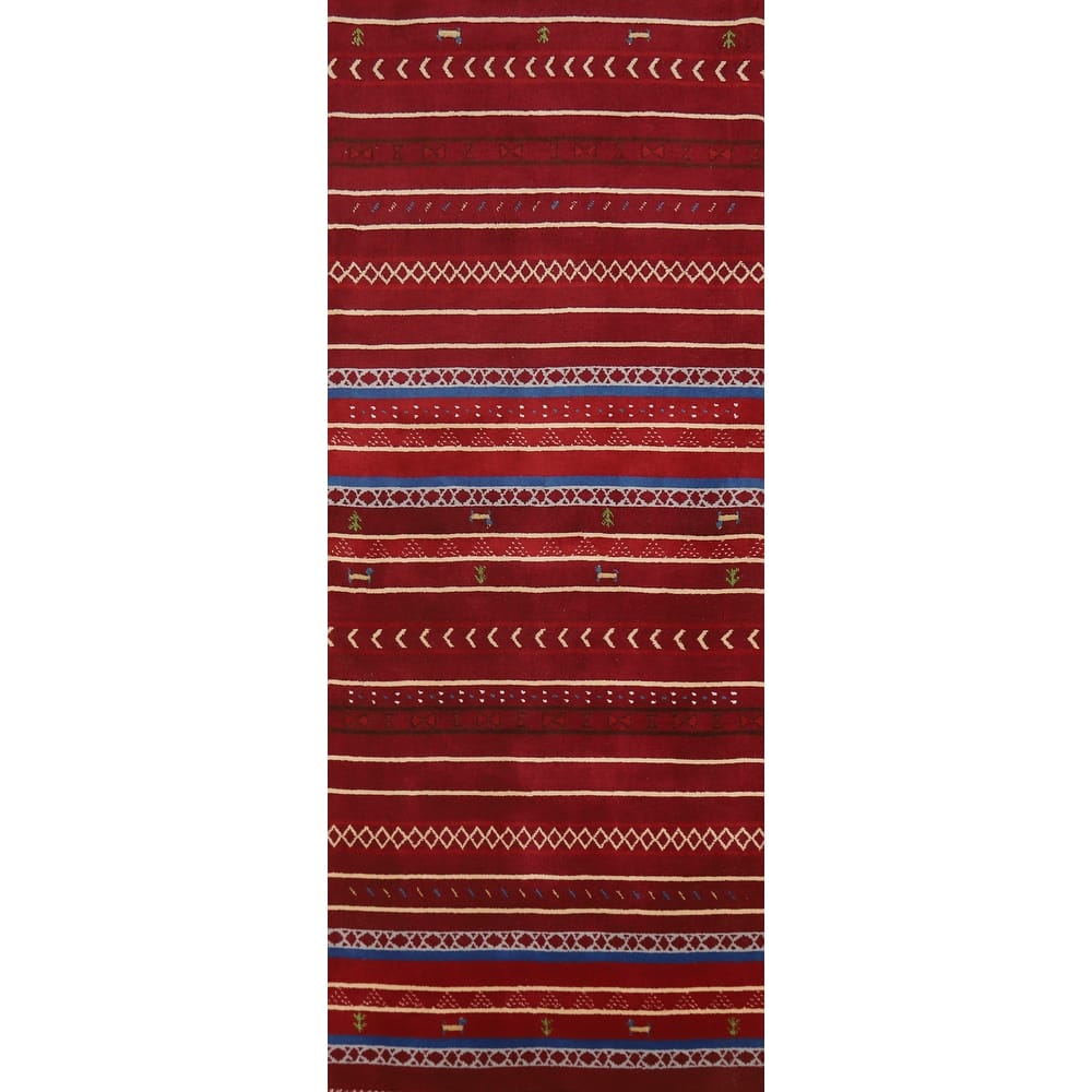 Tribal Red Gabbeh Indian Runner Rug Handmade Wool Carpet - 2'7" x 7'8"