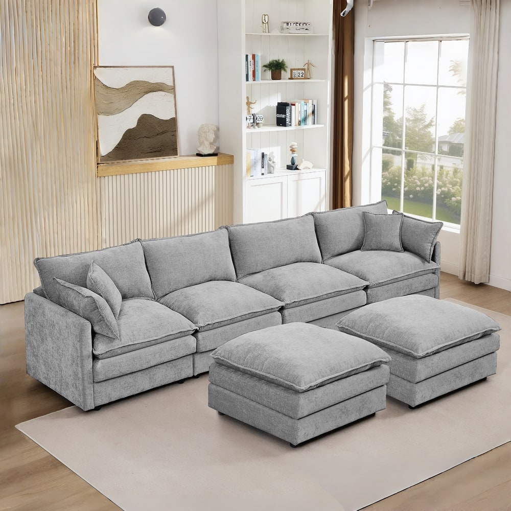 U Shaped Modular Sectional Sofa with Movable Ottoman, Comfy Chenille 4-Seater Cloud Couch, High-Resiliency Foam Deep Seat Sofa