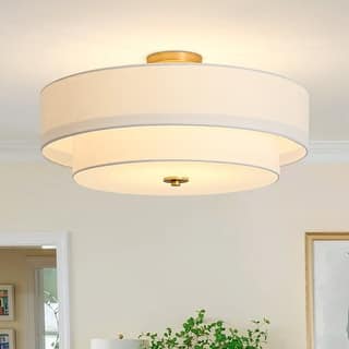 French Country Brass Round White Linen Drum Ceiling Light