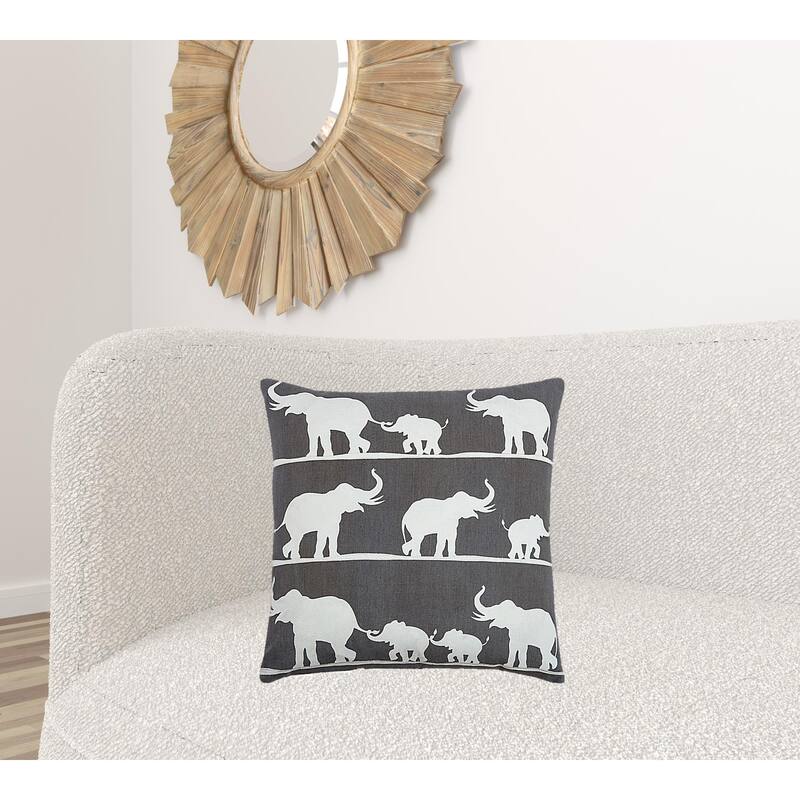 Gray and White Elephant Parade Down Filled Throw Pillow