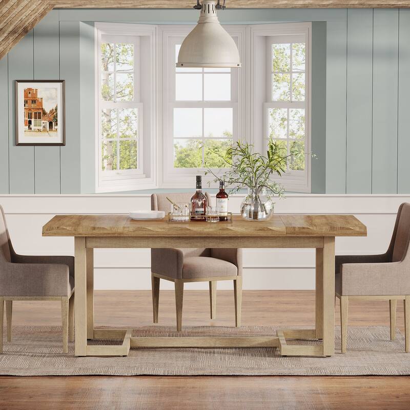 Rectangular Wood Dining Table with Solid Wood Legs, Kitchen Table for Dining/Living Room