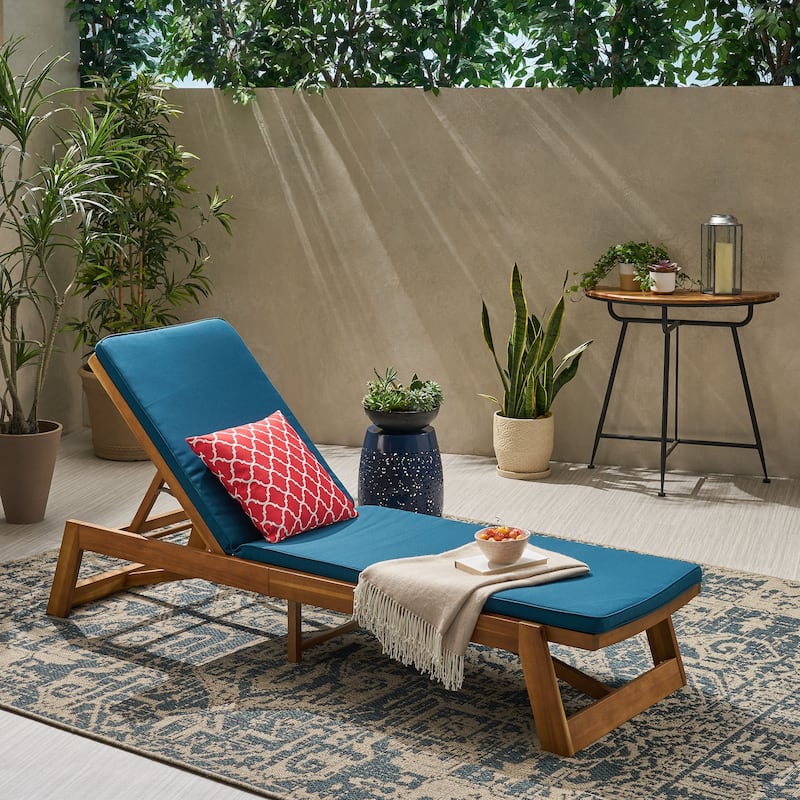 Maki Outdoor Acacia Wood Chaise Lounge and Cushion Set by Christopher Knight Home - Teak Finish+Natural+Blue