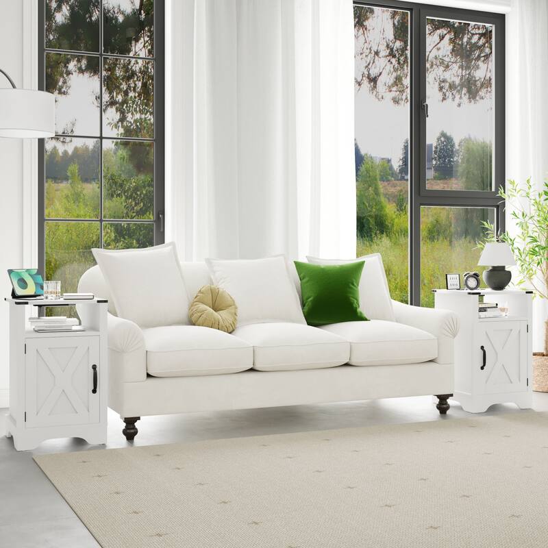 Rustic Farmhouse Nightstand with Charging Station - White, 2 USB Ports & 2 Outlets, Ample Storage