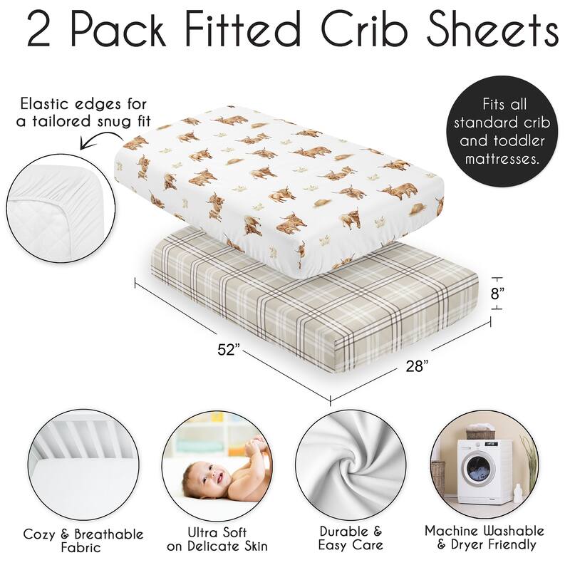 Sweet Jojo Designs Boho Highland Cow Boy, Girl, Gender Neutral 2 Pack Fitted Crib Sheets - Taupe Plaid & Farm Animal, Farmhouse