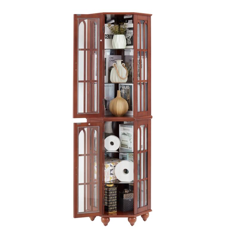 Lighted Corner Curio Cabinet, Wooden Accent Storage Cabinet, Display Cabinet with Tempered Glass Shelves & Mirrored Back