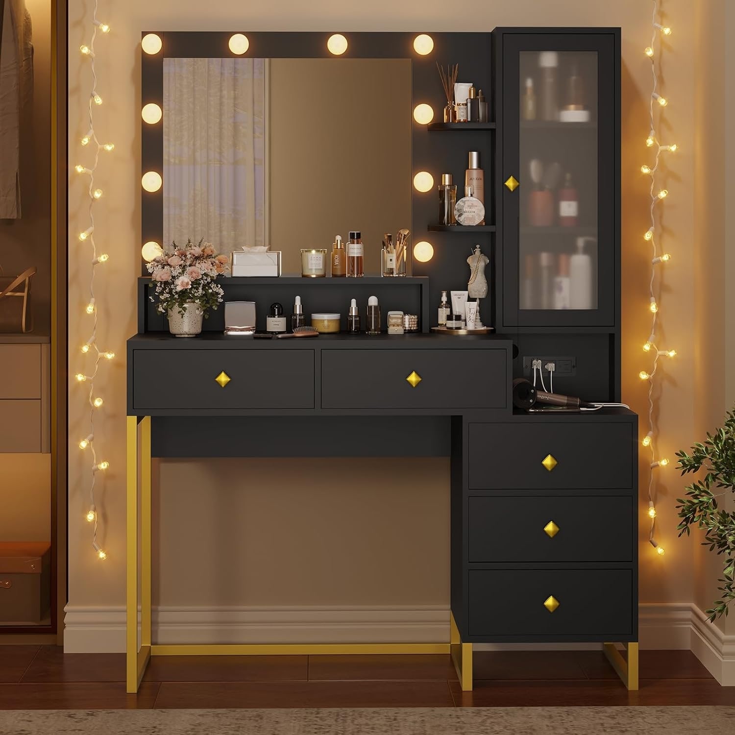 Vanity Desk with Mirror and Lights 5 Drawers and Storage Shelves