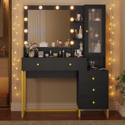 Vanity Desk with Mirror and Lights 5 Drawers and Storage Shelves