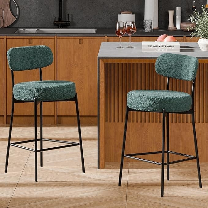 XINMICS 24 Inches Modern Counter Height Bar Stools with Curved Back Metal Legs, Upholstered Boucle Barstools, Set of 2/3/4
