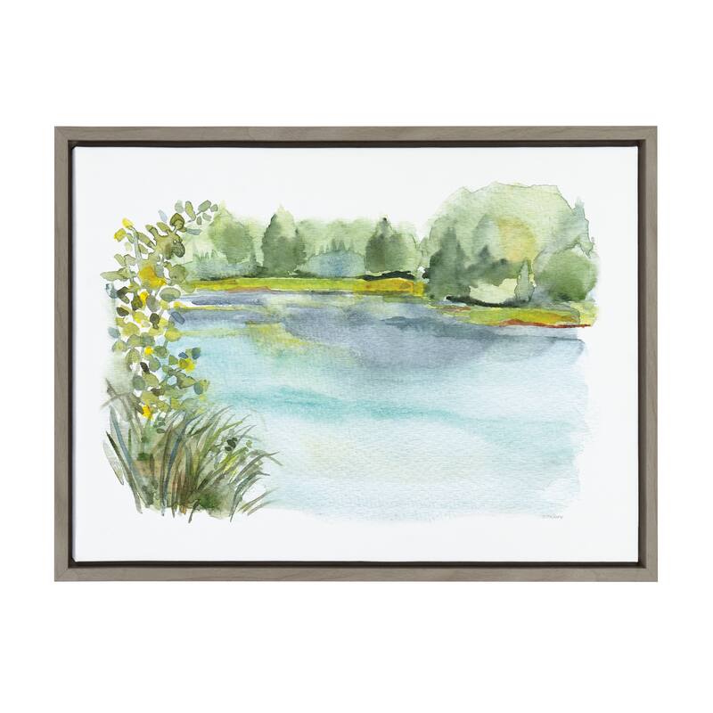 Kate and Laurel Sylvie Pond Landscape Framed Canvas by Patricia Shaw - 18x24 - Plastic - Grey
