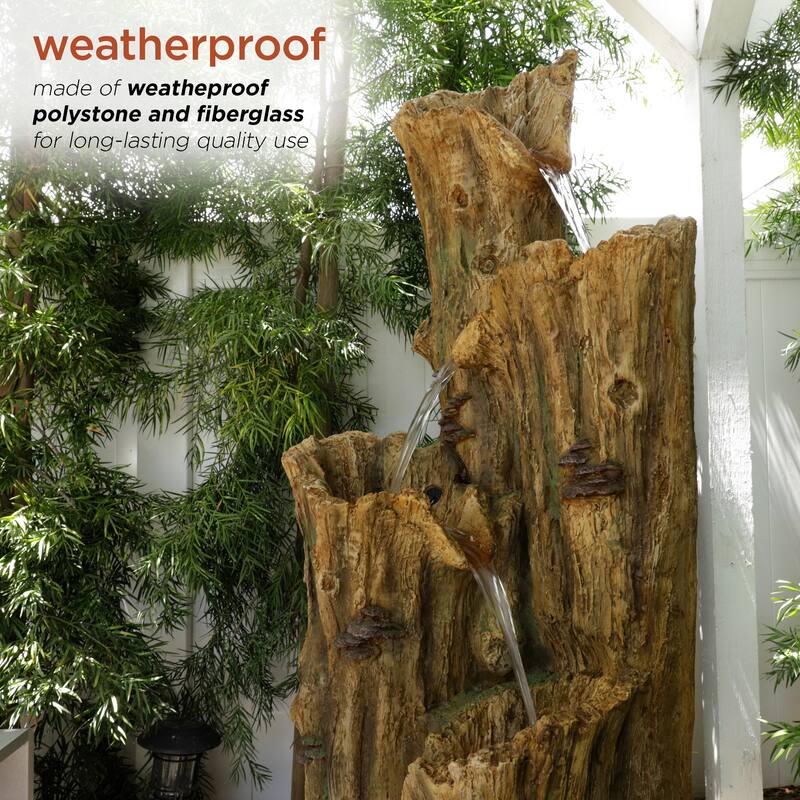 Alpine Corporation 65 Tall Outdoor 4 Tier Cascading Tree Bark Water Fountain with LED Lights Elegant Water Feature for Garden