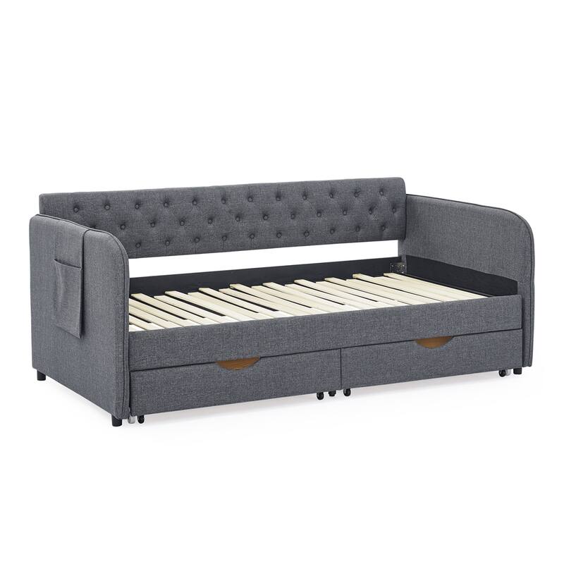 Twin Size Linen Upholstery Daybed with Trundle and 2 Drawers