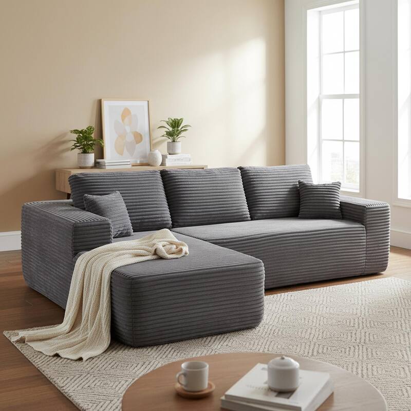 Homy Casa 105" Cloud Sectional Sofa with Chaise, Deep-Seat Modular Couch, No Assembly, Plush Corduroy - GRY - LeftPlu