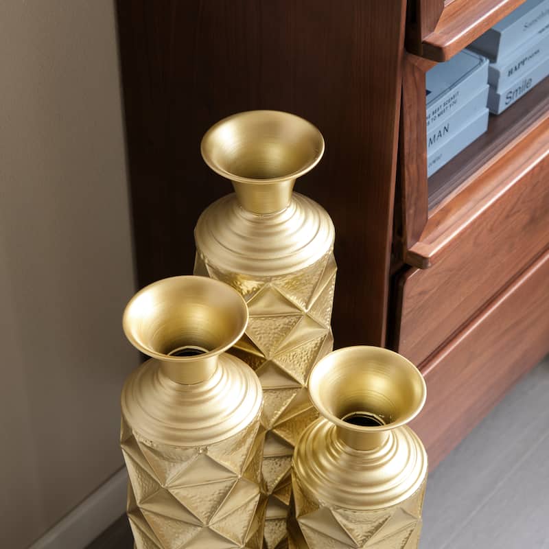 Set of 3 Home Decoration Metal High Distress Vases with 3D Triangle Pattern (33.5"/29.5"/25.2" H)