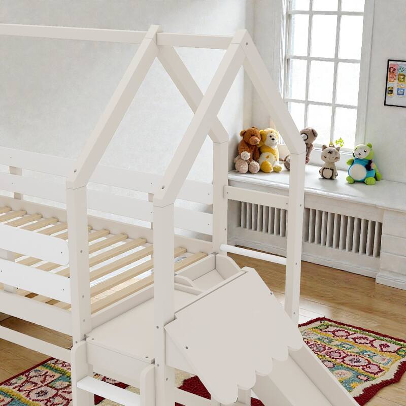 Twin Loft Bed with Slide and Bookshelf, Kids House Bed with Stairs, Safety Rails, Playful Design
