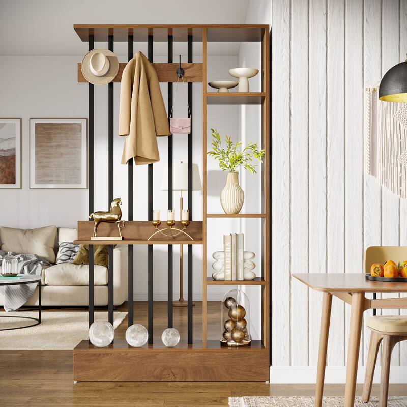 71" Wall Room Divider with Shelves & Coat Hooks
