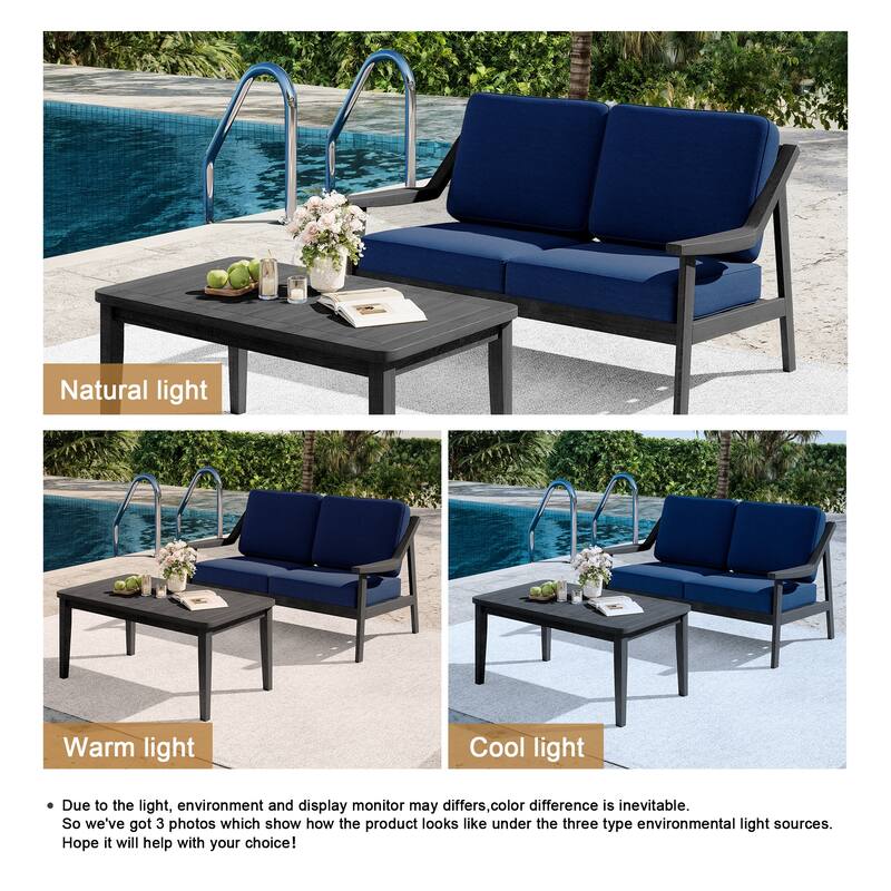2-piece Brown/ Black Teak Cushioned Patio Loveseat Set with Coffee Table