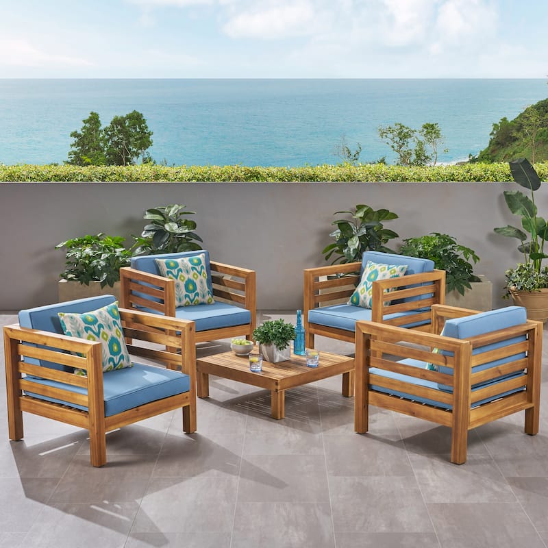 Oana Outdoor 4 Seater Acacia Wood Club Chair and Coffee Table Set by Christopher Knight Home - Teak Finish + Blue