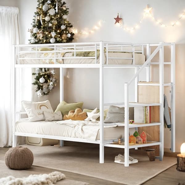 slide 2 of 13, Twin Over Twin Metal Bunk Bed with Ladder and Wardrobe, White White